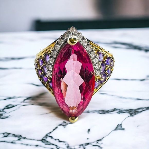 Estate Jewelry - REAL 10k Yellow Gold Marquise Pink Sapphire Amethyst Diamond Ring Size 8.5  4.9g